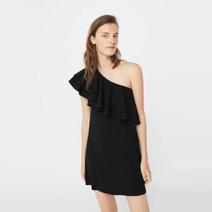 Mango Villa Asymmetrical Ruffle Black One Shoulder Sheath Mini Dress